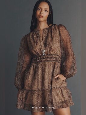 Anthropologie Brown Snake-Print Smocked Waist Mini Dress